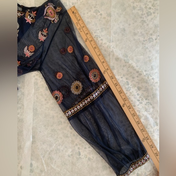 ZARA Basic Embroidered Sheer Mesh Boho Blouse Peplum Top Navy Size L - Picture 8 of 13